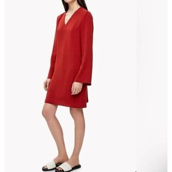 New Theory Ulyssa Admiral Brick Red V-Neck Bell Sleeve Dress - Made in USA - Picture 5 of 10